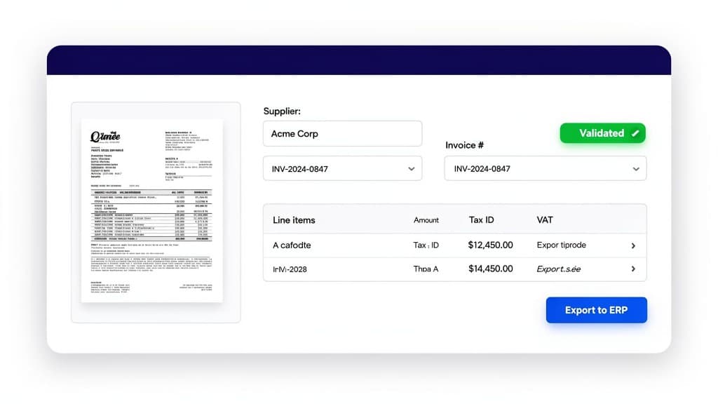 InteliFactu AI invoice processing dashboard showing uploaded invoice, extracted data fields, validation badge, and ERP export